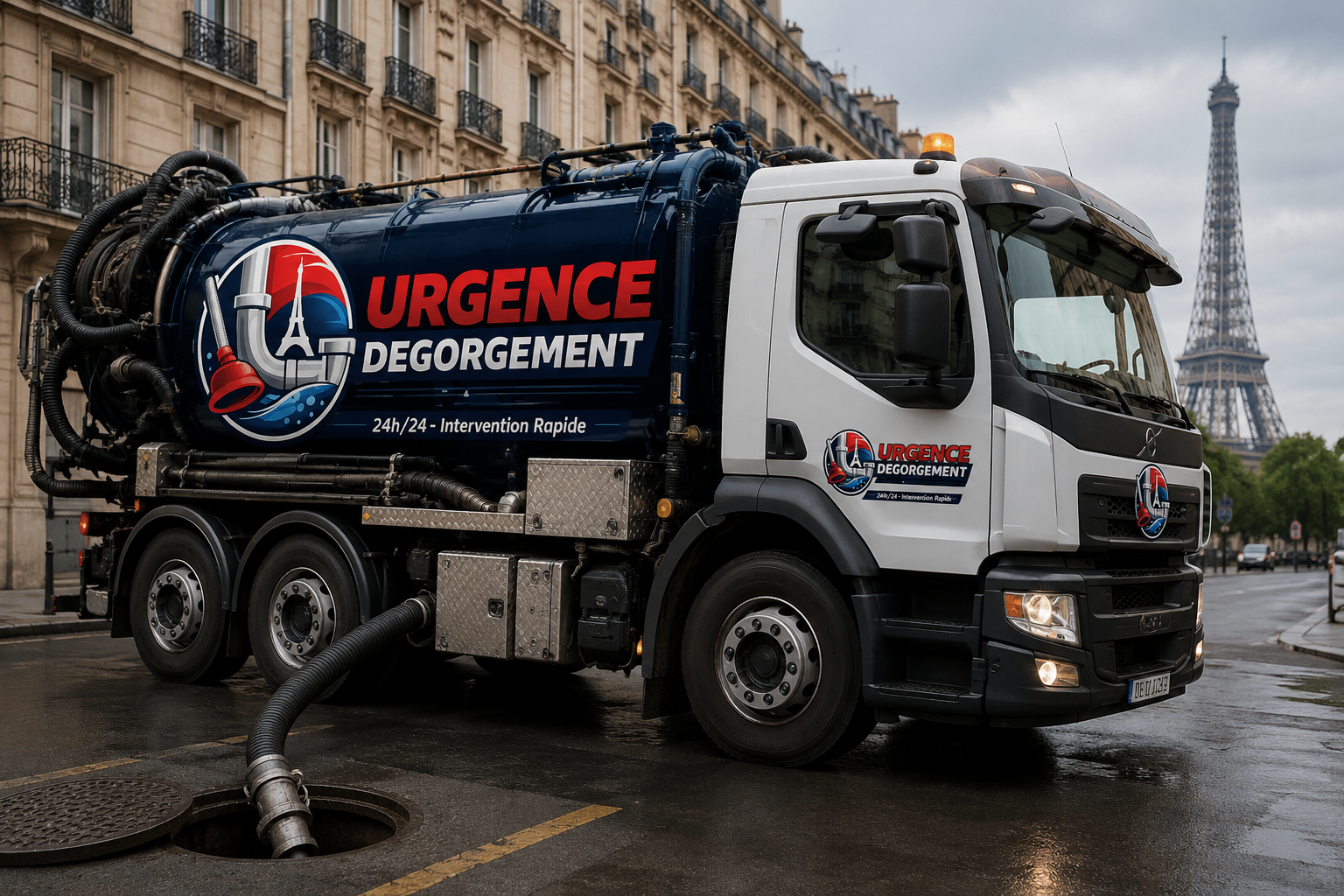 Camion de dégorgement haute pression intervenant dans une rue de Paris pour le débouchage de canalisation en urgence.
