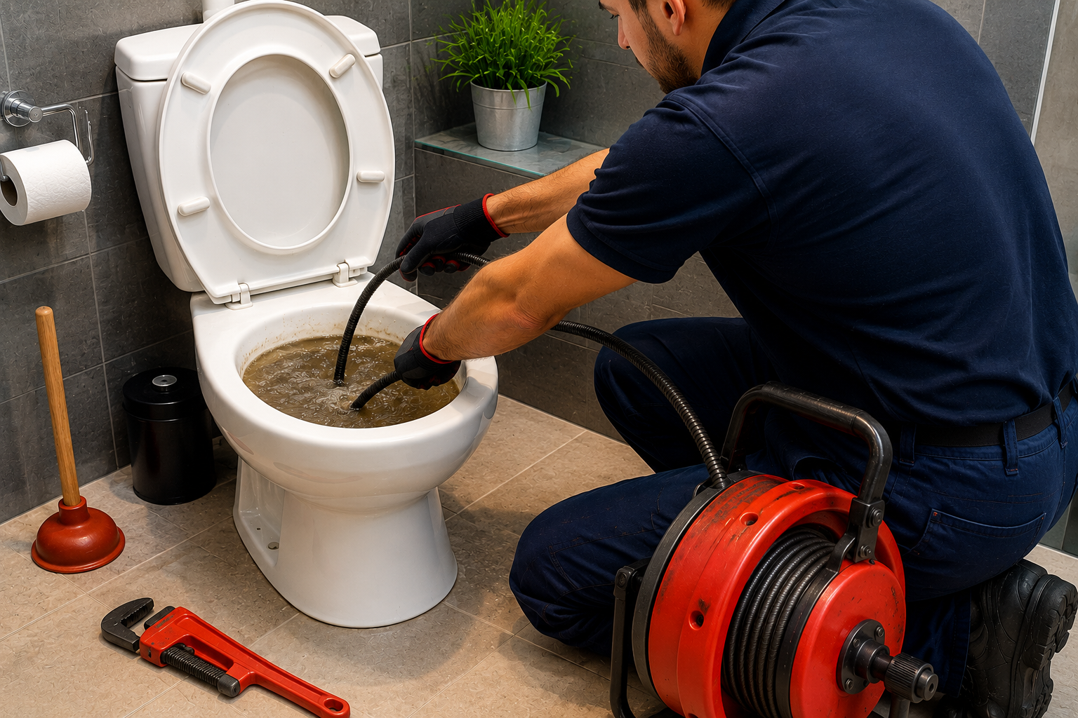 Technicien réalisant un débouchage de WC bouché avec furet électrique dans une salle de bain.
